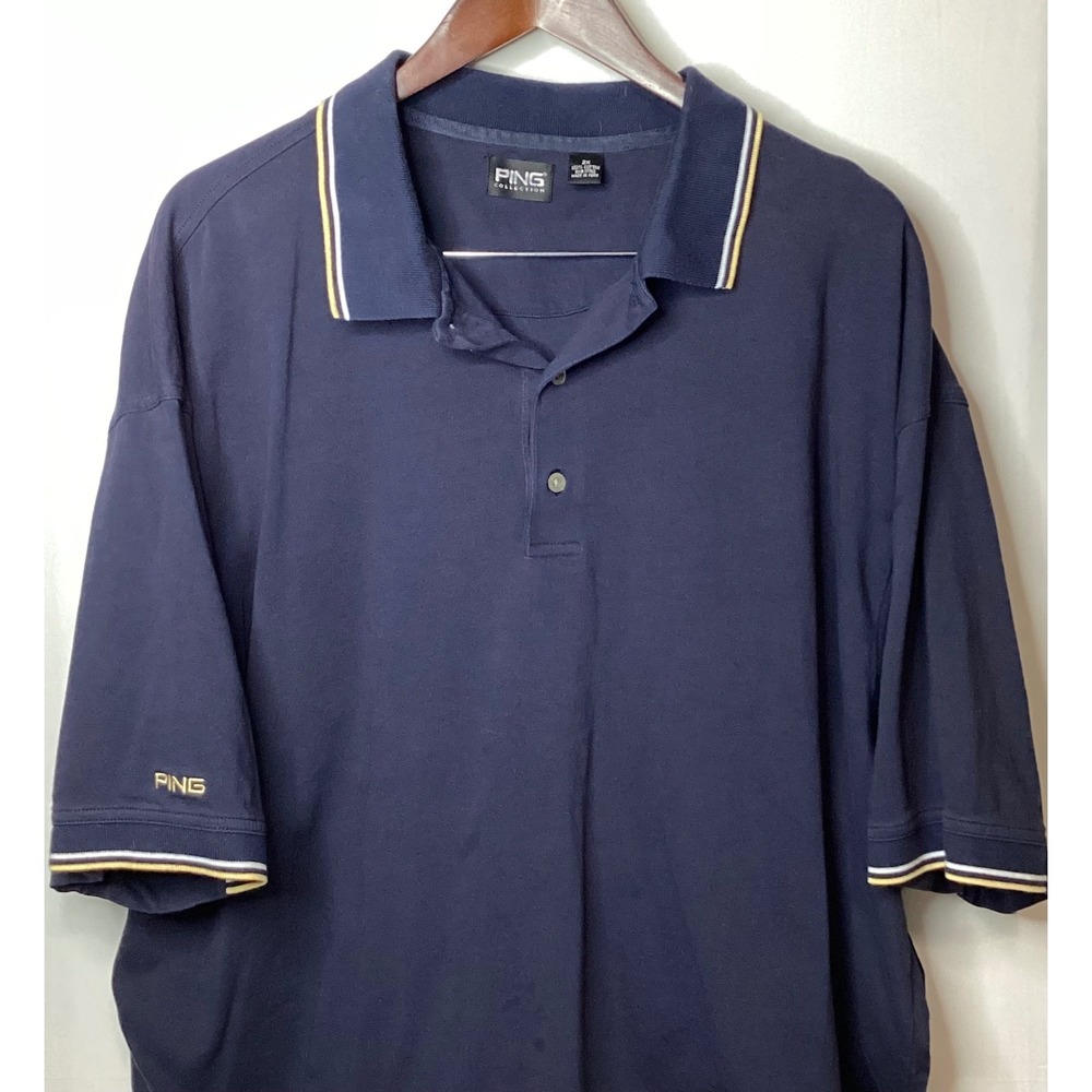 PING‎ Collection Mens Navy Blue Golf Polo Shirt with Striped Collar Size XL